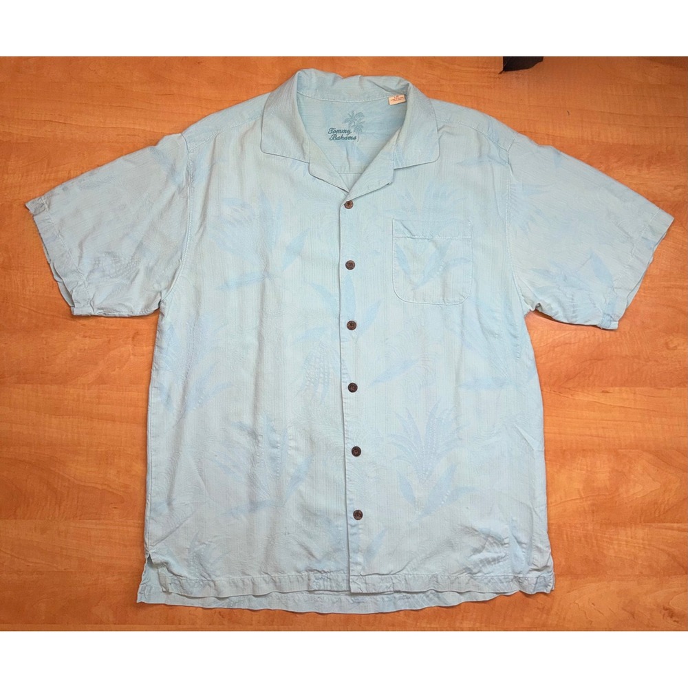 Tommy Bahama Mens Blue 100% Silk Tropical Palm Jacquard Camp Shirt Large